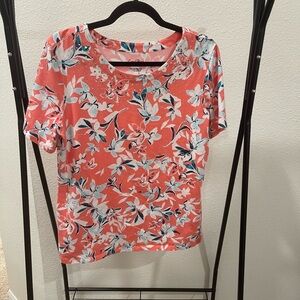Coral Bay Floral Short Sleeve Top - Coral and White